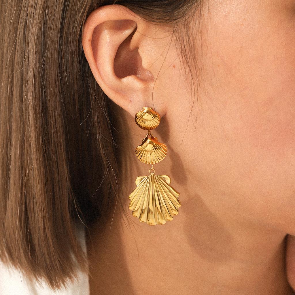 18K Gold Stainless Steel Shell Stud Earrings, Titanium Steel Tassel Drop Earrings, Western Ins Ocean Style Ear Jewelry