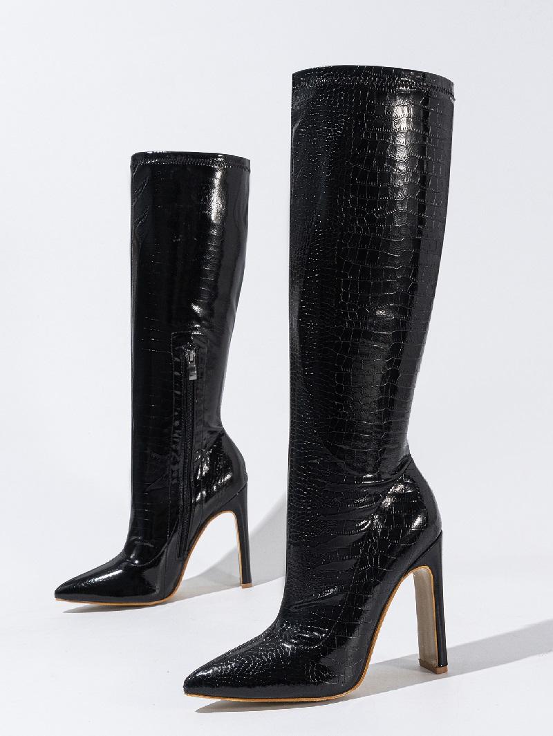 

Eilyken/осенне-зимние сапоги до колена, женская обувь на высоком квадратном каблуке, лаконичная вечерняя женская обувь на молнии с острым носком 35 чёрный