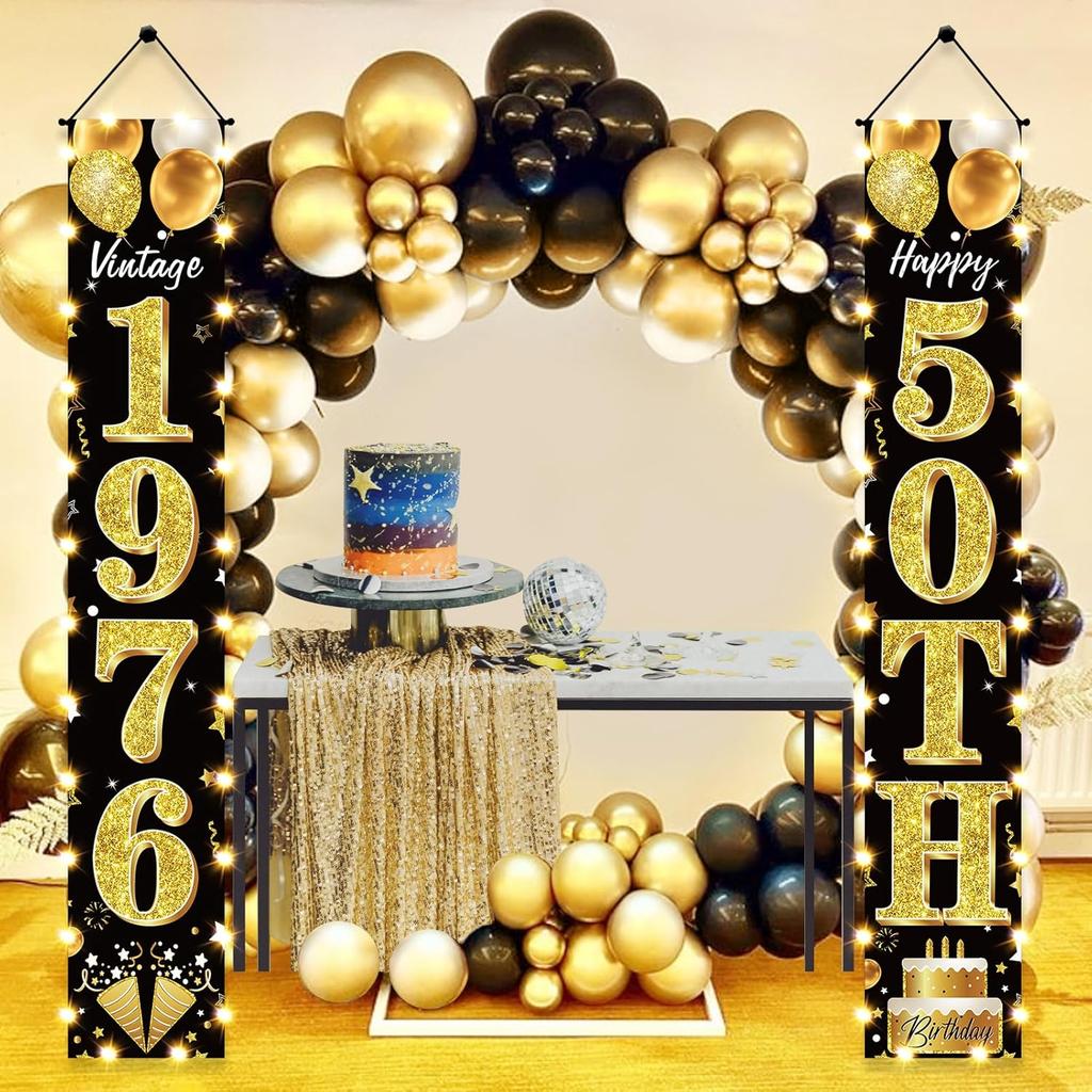 50th Birthday Party Banner Lighted Decorations for Men and Women - Black Gold Vintage 1976 50th Birthday Door Banners with LED Light, Fifty Years