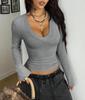 Fashion Women's Flared Cuff V-neck Top, Ribbed Knit Form-fitting Crop Top, Versatile Casual Top for Spring & Fall Outfits