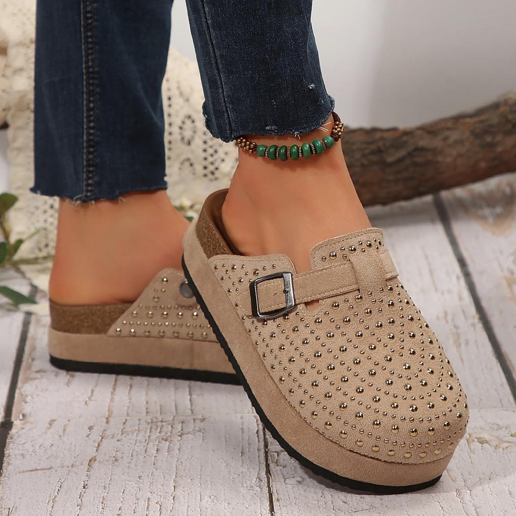 Damskie Sandały na Koturnie Okrągły Nosek Zamszowe Klapki Skórzane Mule Korkowe Z Podparciem Łuku Kamienie Dekoracyjne Bohemian Kapcie