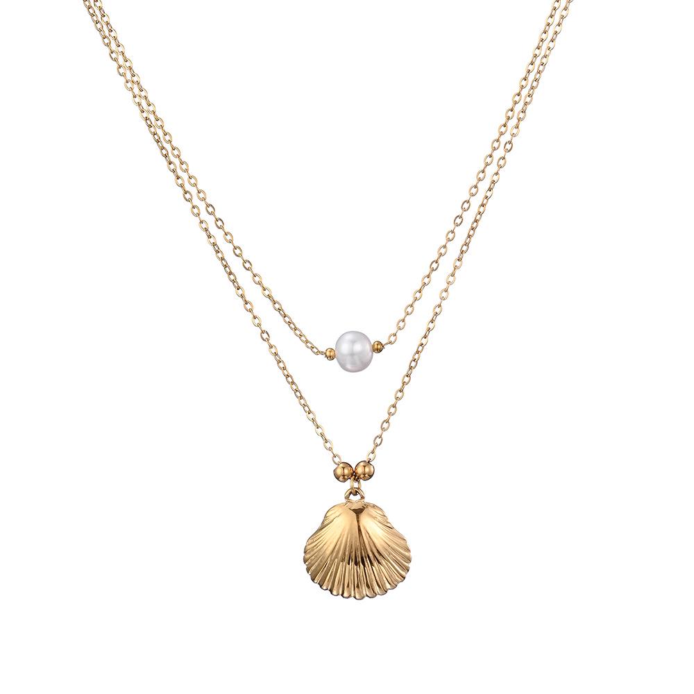 Anti-Oxidation Stainless Steel Conch Pearl Necklace, Double-Layered Design