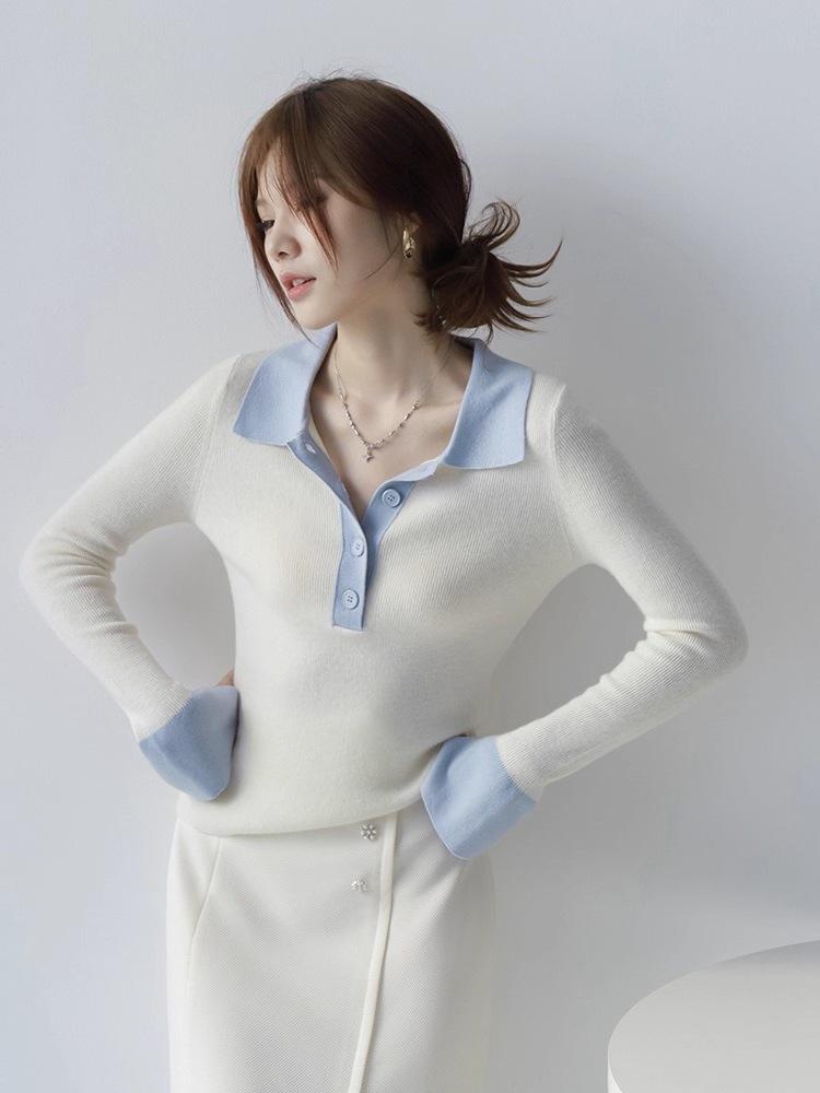 

Elegant Women s Polo Collar Knitwear: Autumn/Winter Sweater Base Layer with French Design Sense One Size белый
