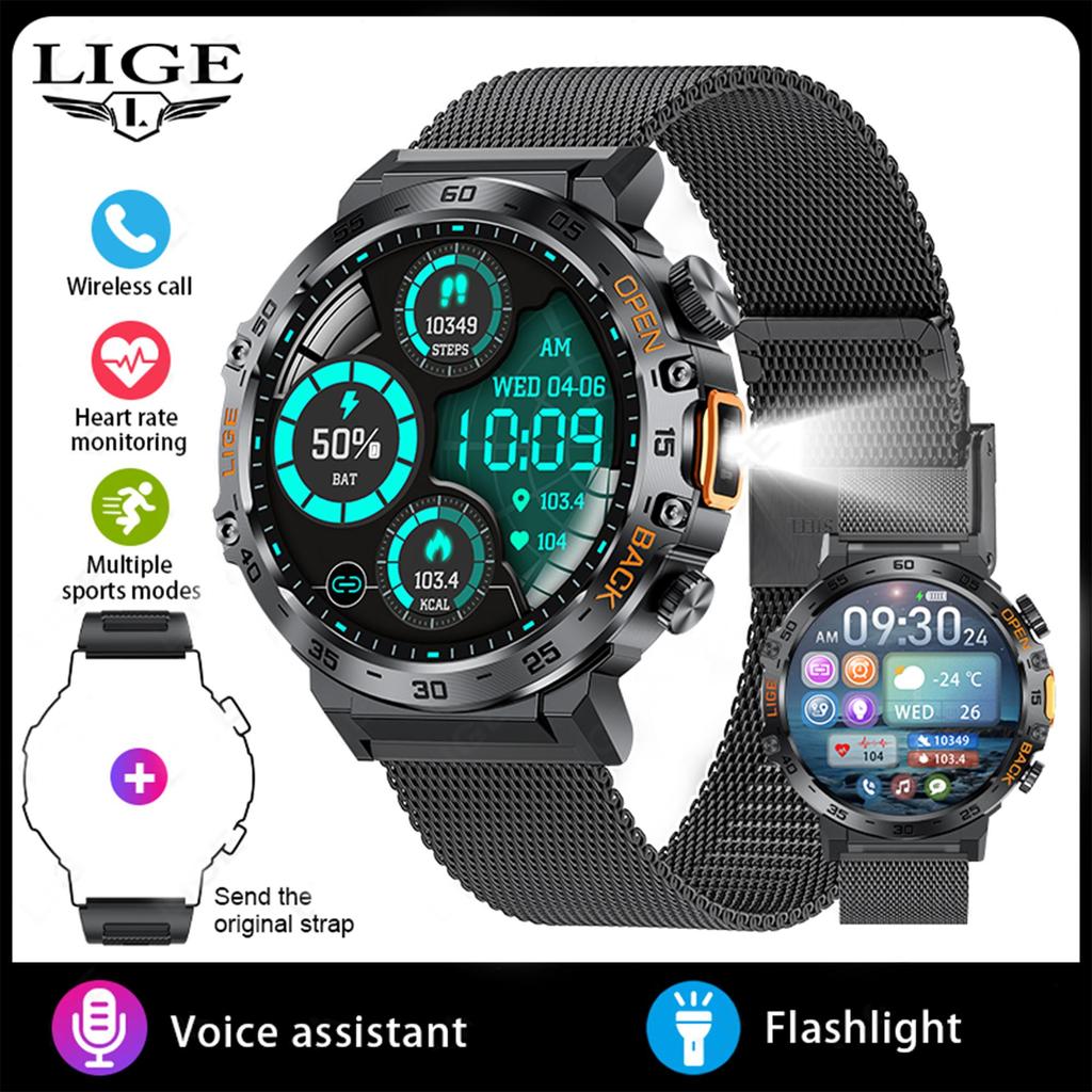 LIGE New LED Lighting Smart Watch 1.53inch HD Round Screen Bluetooth Call Men Smartwatches