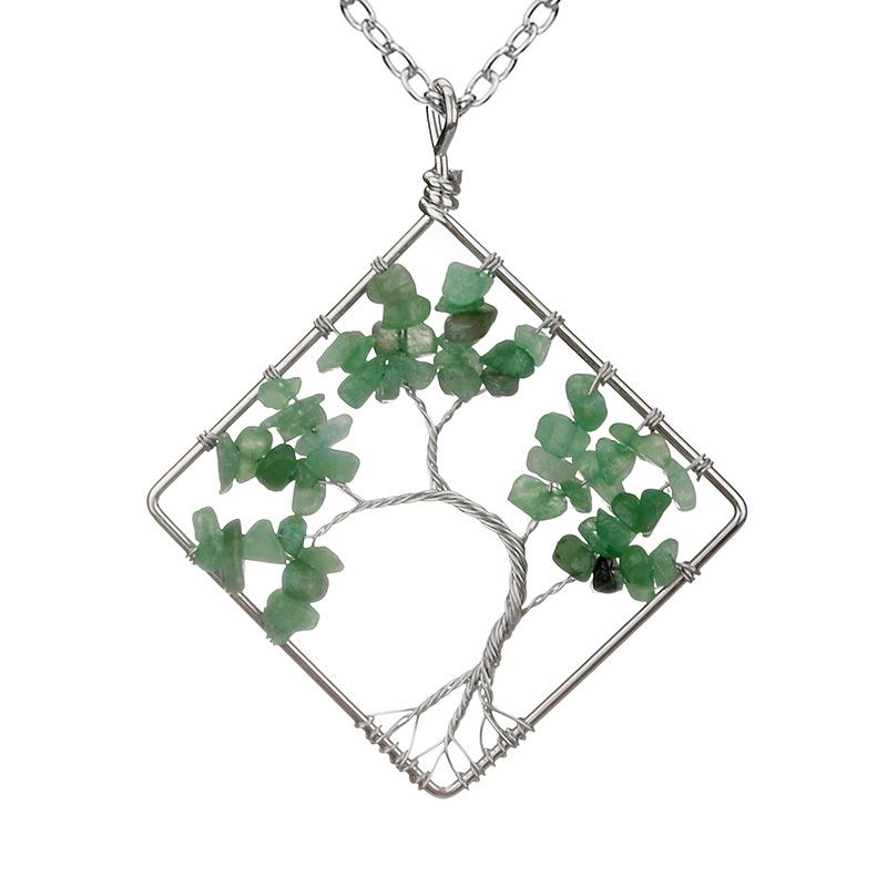 Wrapped Colorful Natural Stone Crystal Square Curved Tree Of Life Pendant Necklace N08 Fresh And Sweet