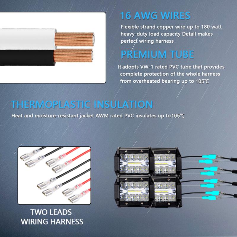 LED Light Bar Wiring Harness Kit 300W 2 Lead 16 AWG Universal LED Work Light Bar Wiring Harness w/ 12V 40A Relay On & Off Switch