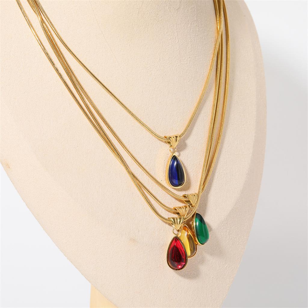 Twelve Birthday Stone Simple and Elegant Water Drop Necklace with Blue Green Ocean Pendant, Collar Chain, Titanium Steel