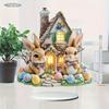 2D Flat Easter Charming Rabbit House Acrylic Decoration, Bow Tied Bunnies & Colorful Eggs, Suitable for wall decoration, porch, room, villa, accents H