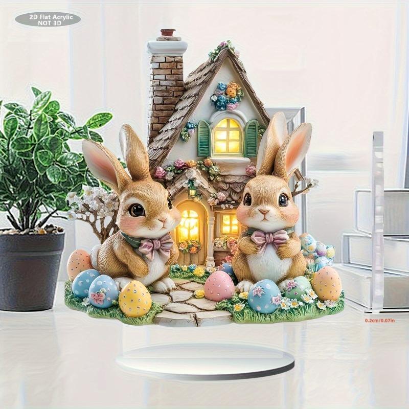 2D Flat Easter Charming Rabbit House Acrylic Decoration, Bow Tied Bunnies & Colorful Eggs, Suitable for wall decoration, porch, room, villa, accents H