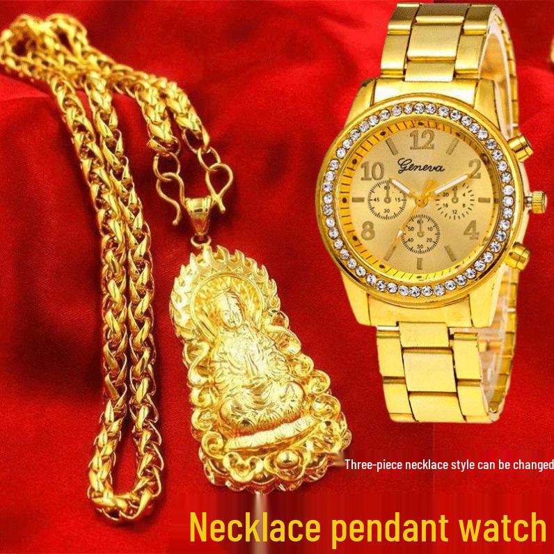 Unique Vietnam-Inspired Gold Necklace & Non-Fading Gold Watch Set for Men