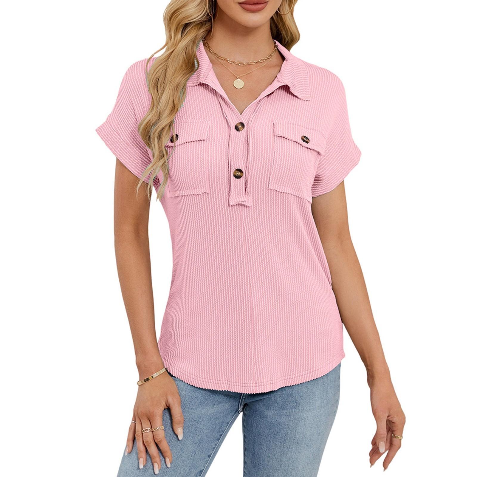 

Женская мода однотонный кардиган с карманом на лацкане и короткими рукавами, повседневная футболка M розовый