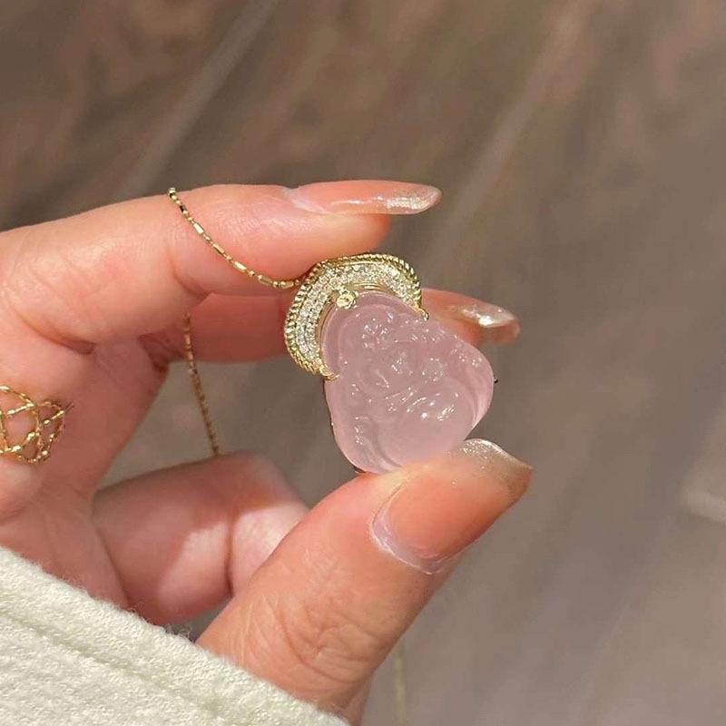 Hibiscus Pink Imitation Jade Laughing Buddha Pendant Necklace - Light Luxury, High-End Pink Crystal, Maitreya Buddha Design.