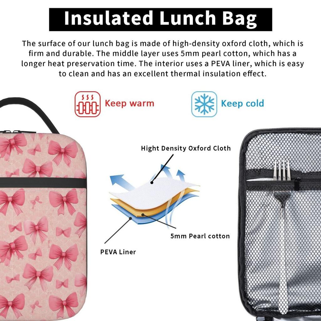 Pink Bow Pattern Insulated Lunch Bag for Women Kids Portable Food Boxes Thermal Lunch Box Tote