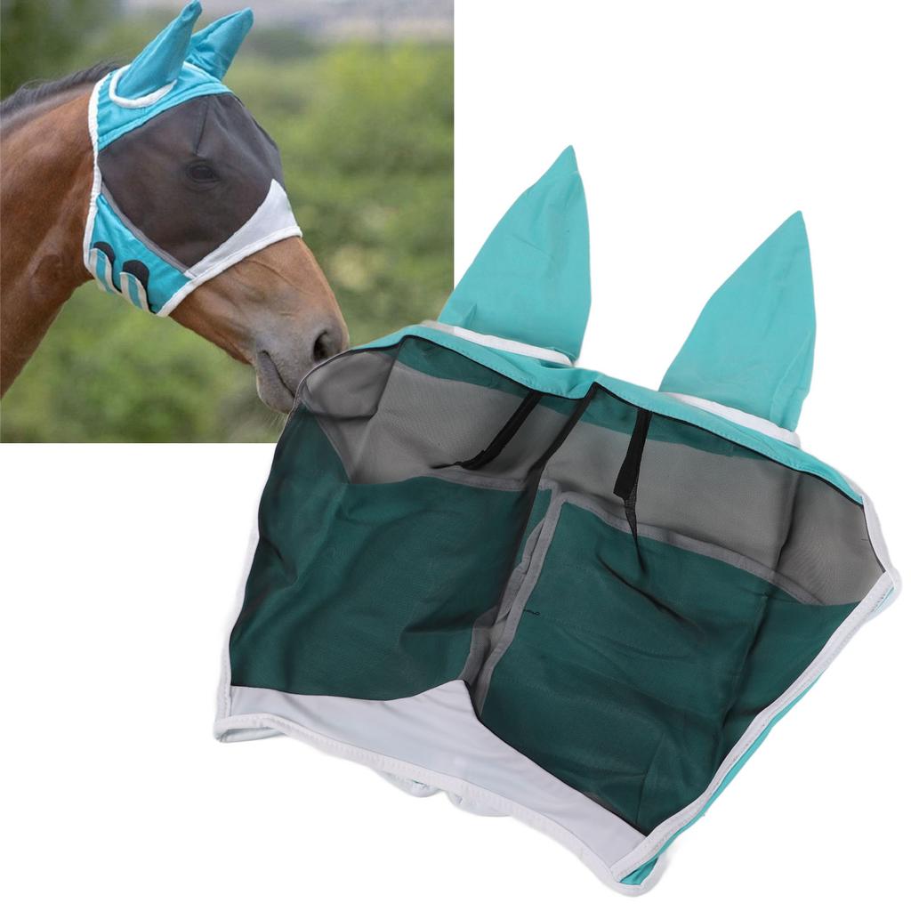 Mesh Horse Fly Mask Elastic UV Protection Detachable Breathable Horse Fly Mask with Ears for Horses Blue Green L