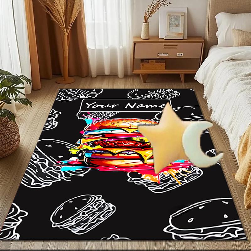 1PC Custom Name Colorful Burger Artwork Theme Floor Mat Ideal for Living Room, Game Rooms, Office, Bedroom, Floor Mat Playful Design