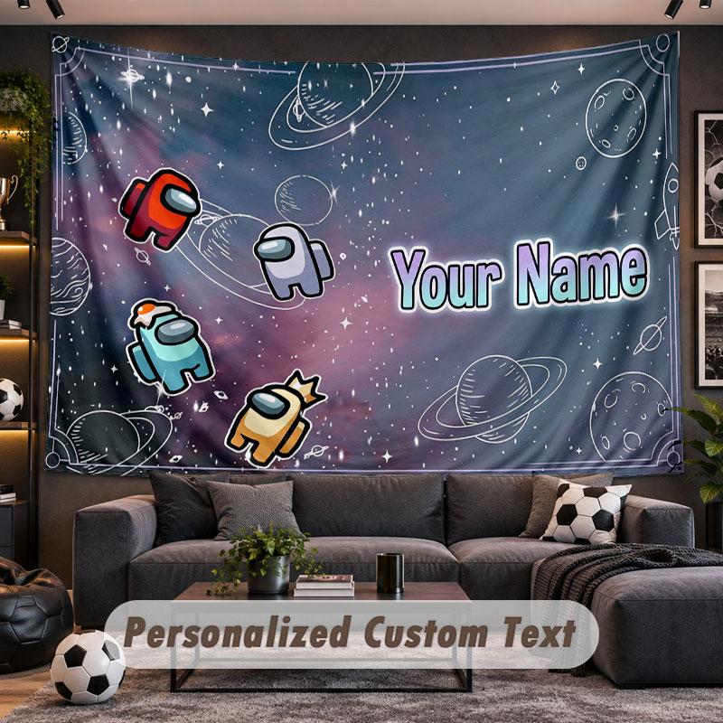Wall Hanging Tapestry Custom NameAmong Us Pattern Personalized Printed Fabric Wall Decor