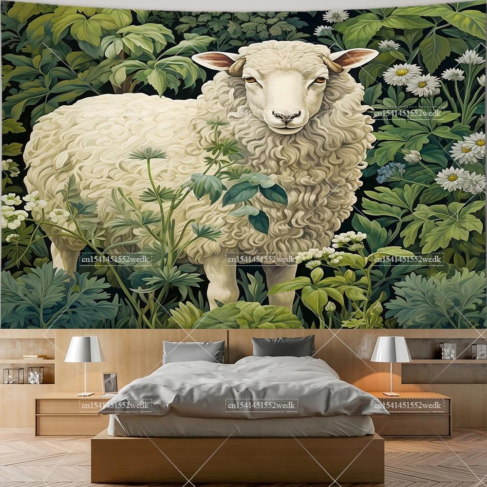 Sheep in Garden Tapestry Wall Hanging Animal Ram Sheep Deer Tapestry Aesthetic Room Decor Wallpapers For Bedroom Paintings