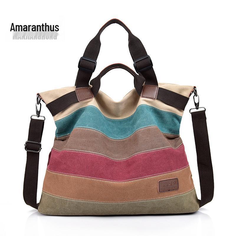 2024 Europeisk & Amerikansk Retro Canvas Regnbågs Patchwork Dam Stor Kapacitet Axelväska