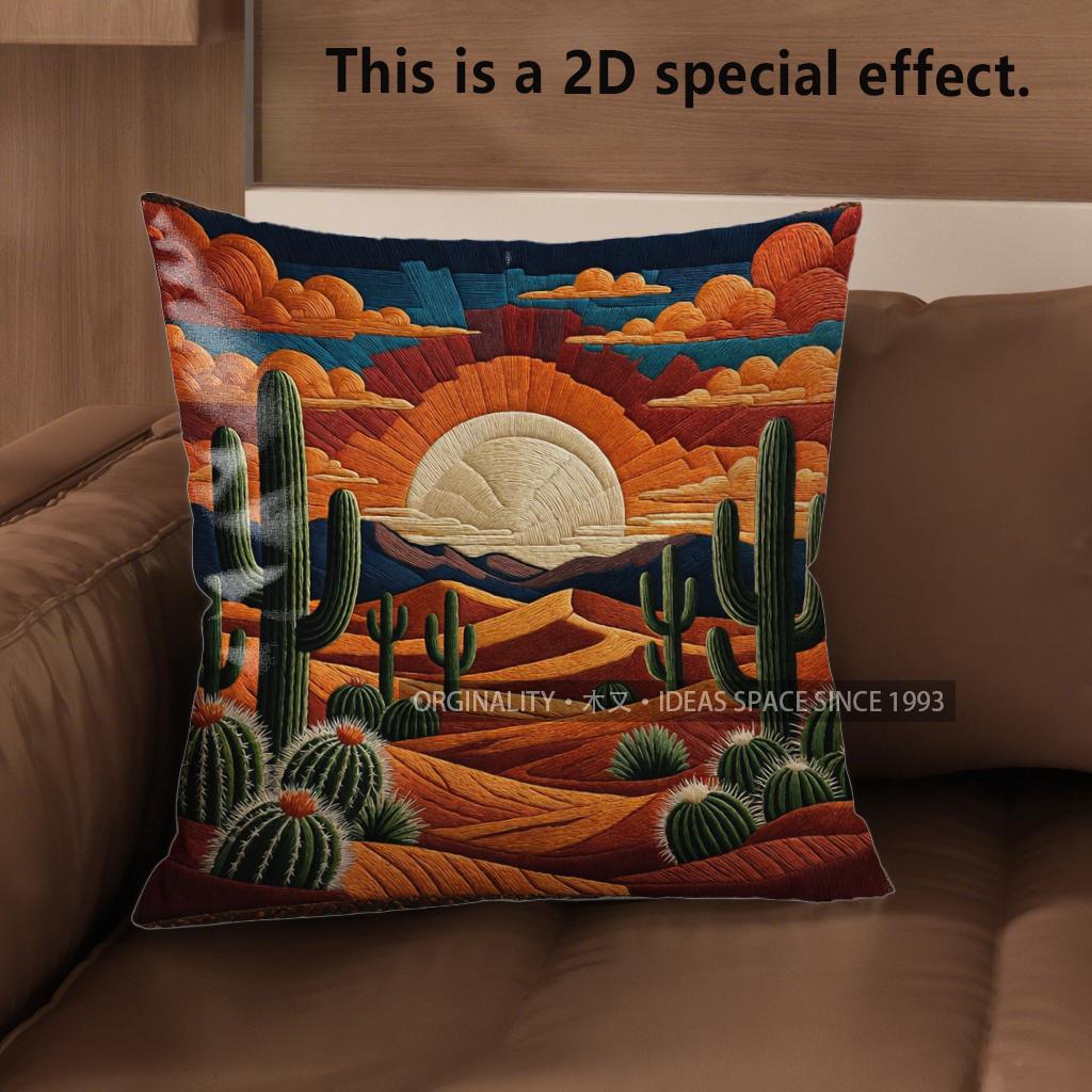 

2D Desert Sunset Cactus Throw Pillow Covers** Pattern Cushion Cover Suitable For Sofa Bedroom Car Pillow Cover 40x40cm