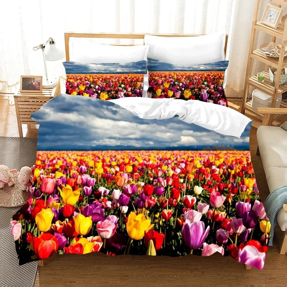 Fiori Tulipano Rosa Paesaggio Elegante Set Biancheria da Letto Singolo Gemello Matrimoniale Queen King Cal King Size Letto Set in Lino