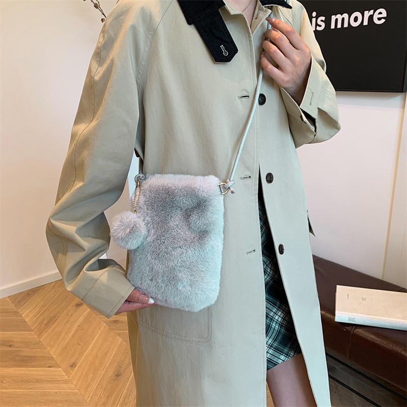 Plush Phone Bag Autumn and Winter Solid Color Elegant Women's Durable Girl Fur Hanging Rope Bag Crossbody Coin Purse