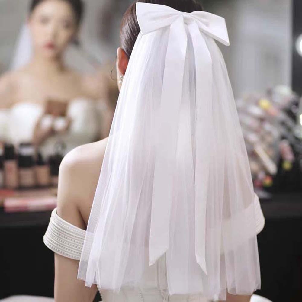 Șal Articol de Acoperit Cap Alb Mireasă Romantic Articol de Acoperit Cap de Mireasă Voal Frumos cu Fundă Lungă din Satin Biserică