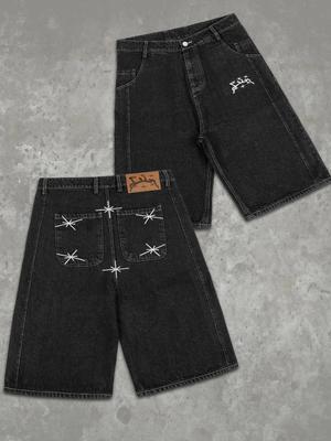 Street Geometry Grafische Borduurwerk Baggy Denim Shorts Y2k Retro Hip Hop Trendy Gym Basketbal Shorts Mannen Vrouwen Jorts
