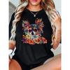Women Black Bull Skull Southwestern Floral Print T-Shirt Black White Gray Crew Neck Short Sleeve Western Cowgirl Casual Everyday Top