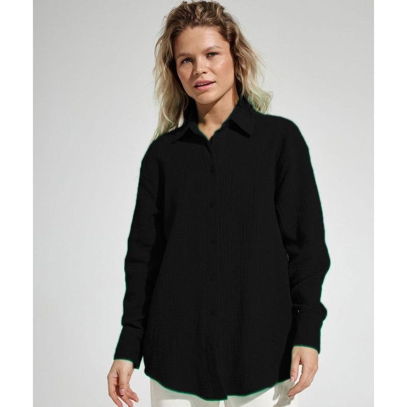 

Western Style Solid Loose Casual All-matching Shirt Polo Collar Mid-Length Shirts Loose Casual Shirt Black New Plus XL