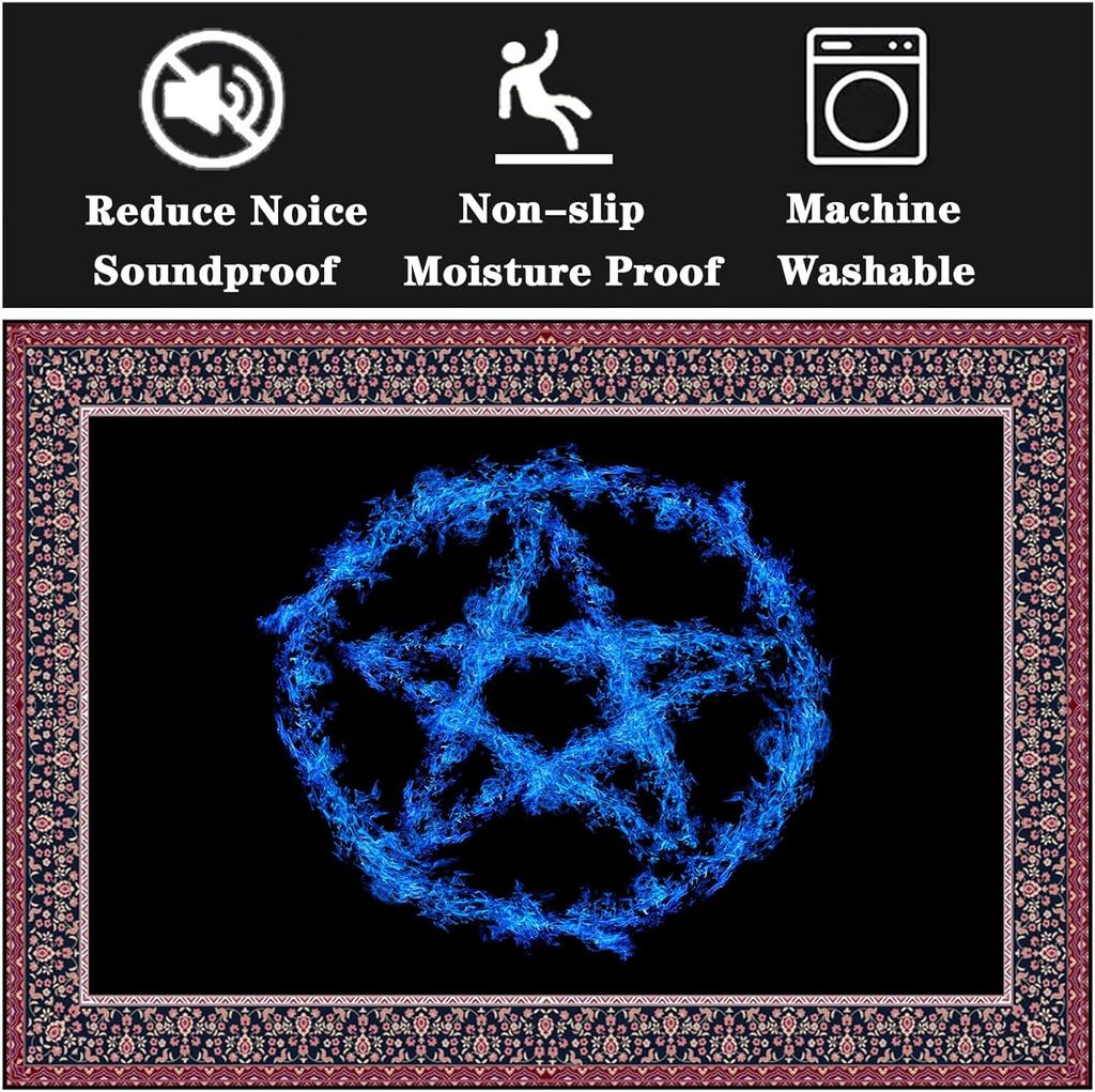 Mystical Blue Star Pentagram Rug, Cosmic Pattern Carpet with Intricate Border, Non-Slip Floor Mat , Meditation Space Decor