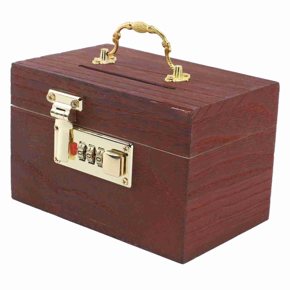 Password Lock Locking Money Storage Box Wooden Material With Handle Vintage Wooden Piggy Bank Small Size Security