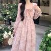 Women's French Floral Long Sleeve Spring Dress: Elegant, Waist-Cinched, Gentle Fairy Style