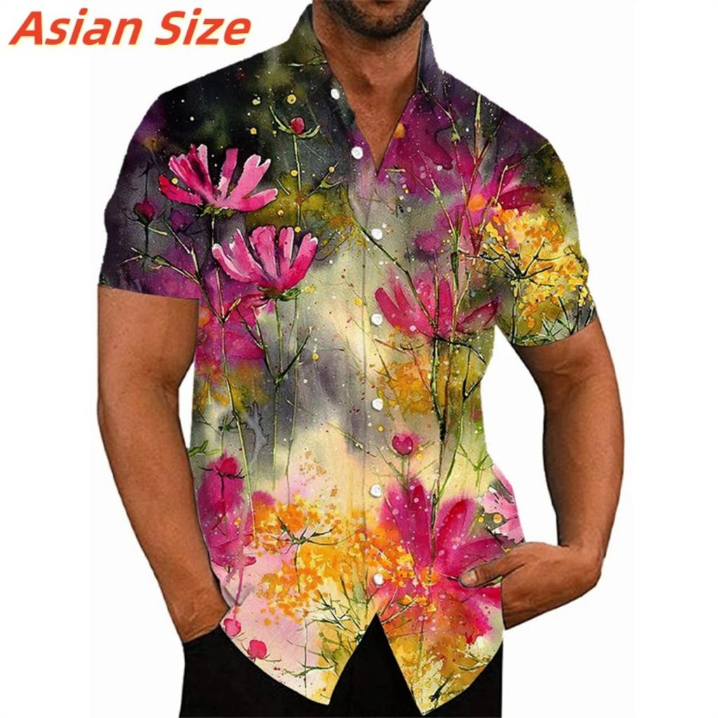 Colorful Flower Clusters Pattern Lapel Shirt For Men Plants 3D Printed Hawaiian Shirts Fashion Short Sleeve Tops Harajuku Blouse