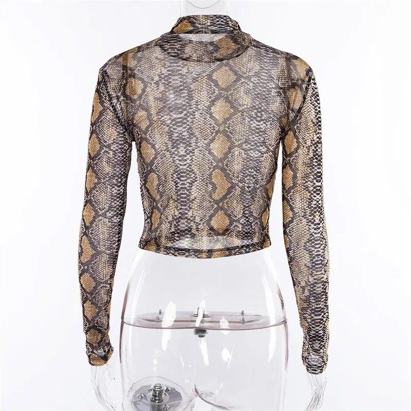 Casual Green Snake Print T Shirt Women Mesh Top Long Sleeve Transparent Snakeskin Female T-shirt High Neck Crop Tops