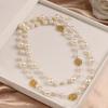 Double Layer Long Necklace for Women Camellia Pearl & Rose Flower Maxi Sweater Chain Plastic Beads Jewelry