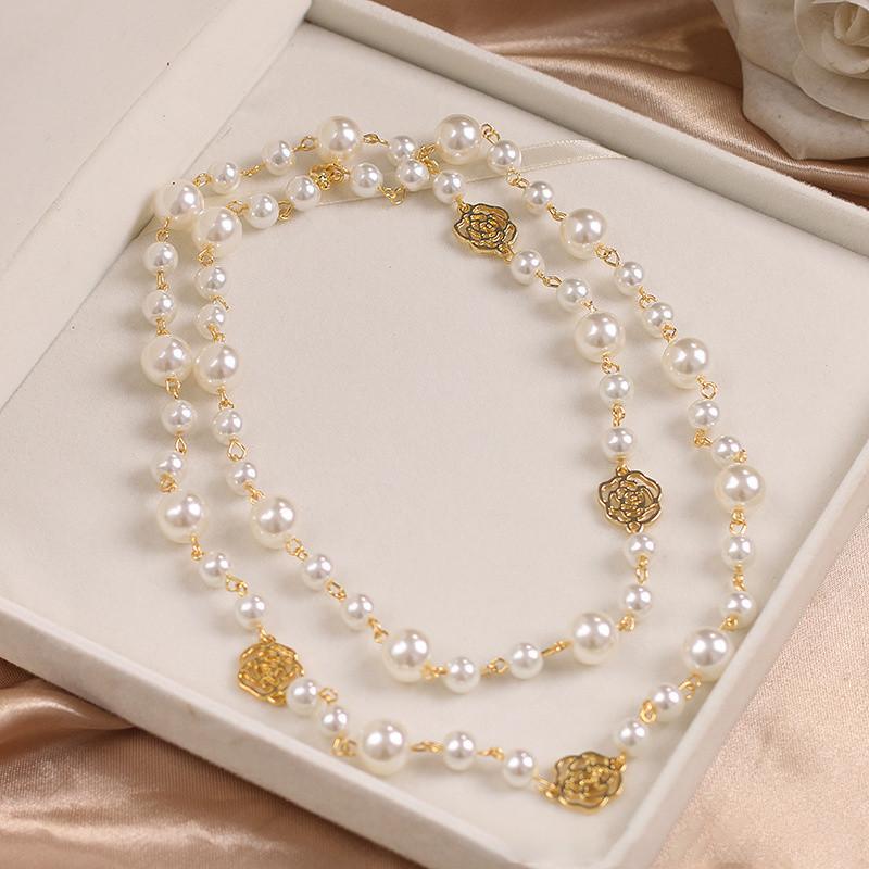 Double Layer Long Necklace for Women Camellia Pearl & Rose Flower Maxi Sweater Chain Plastic Beads Jewelry