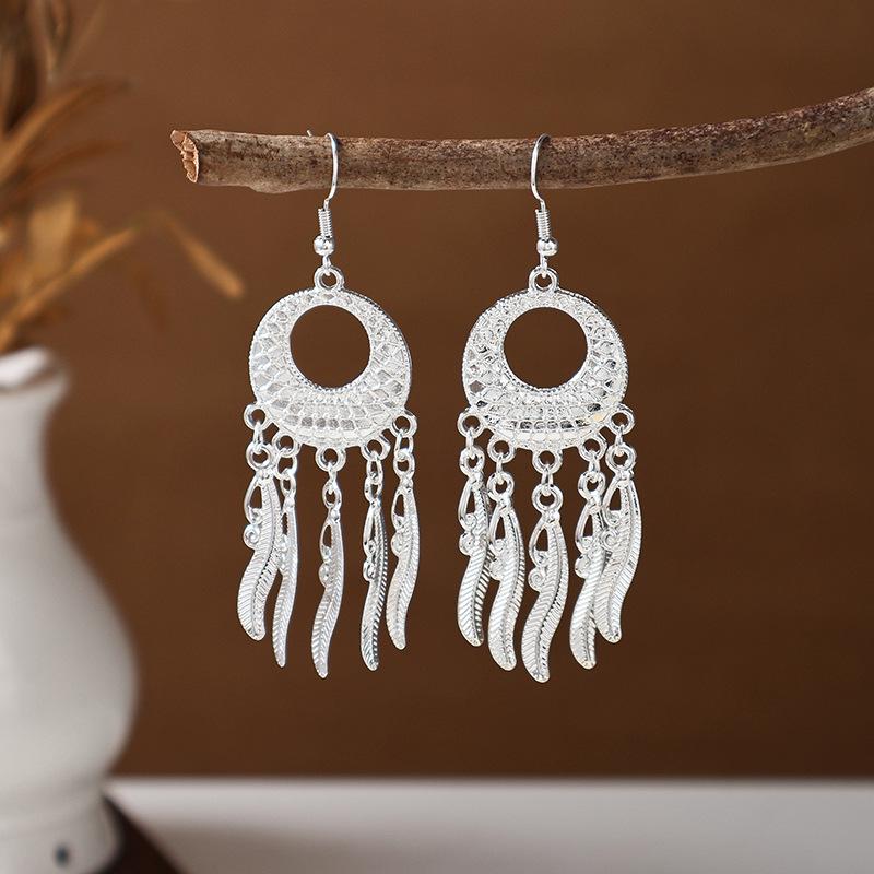 Ethnic Miao Silver Tassel Earrings - Retro Long Dangle Scenic Studs for Women