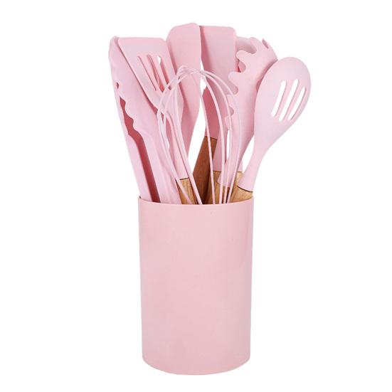 12Pcs Silicone Kitchenware Set Turner Spatula Spoon Non-Stick Heat Resistant Cooking Utensils with Wooden Handles Storage Bucket