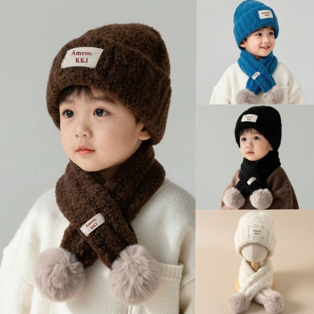 Warm Plush Kids Hat Scarf Set Knitted Baby Beanie Hat Gifts Pom Pom Scarf Kids Winter Wear