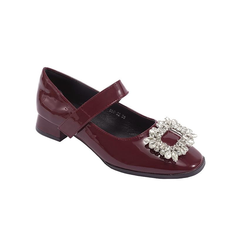 2025 Autumn French Retro Rhinestone Square Head Single Shoes Low Heel Patent Leather Suede Buckle Small Leather Shoes Wedding Shoes Water Versatile