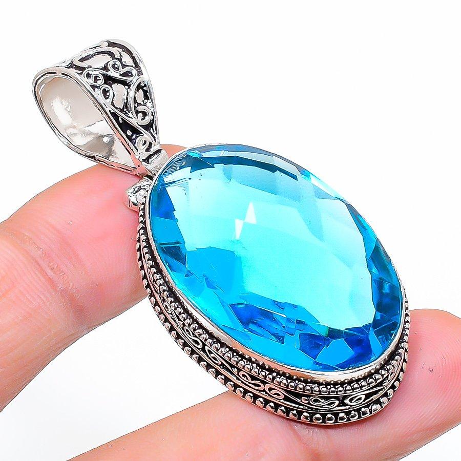 

Vintage Swiss Blue Topaz Gemstone Handmade Ethnic Jewelry Pendant 2.25 VR-3416
