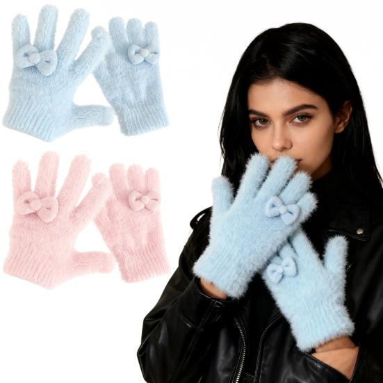 Women Fuzzy Thermal Gloves Fluffy Thick Full Finger Gloves with Bows Winter Plush Gloves for Cold Weather Sports Driving Xmas Gifts
