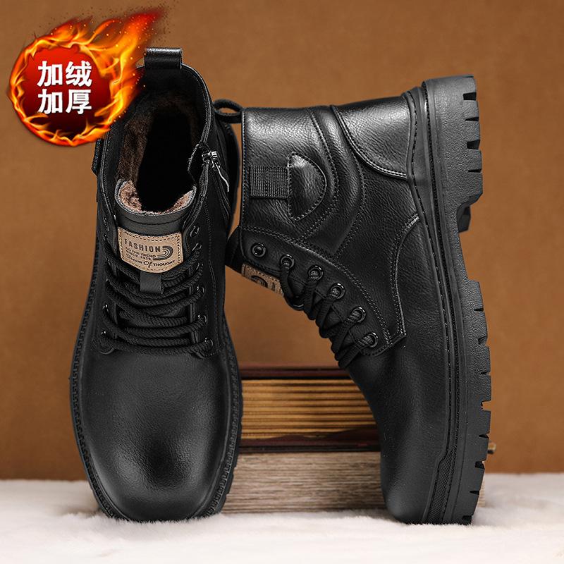 Winter velvet medium top Martin boots side zipper leather boots British winter cotton shoes high top boots 39