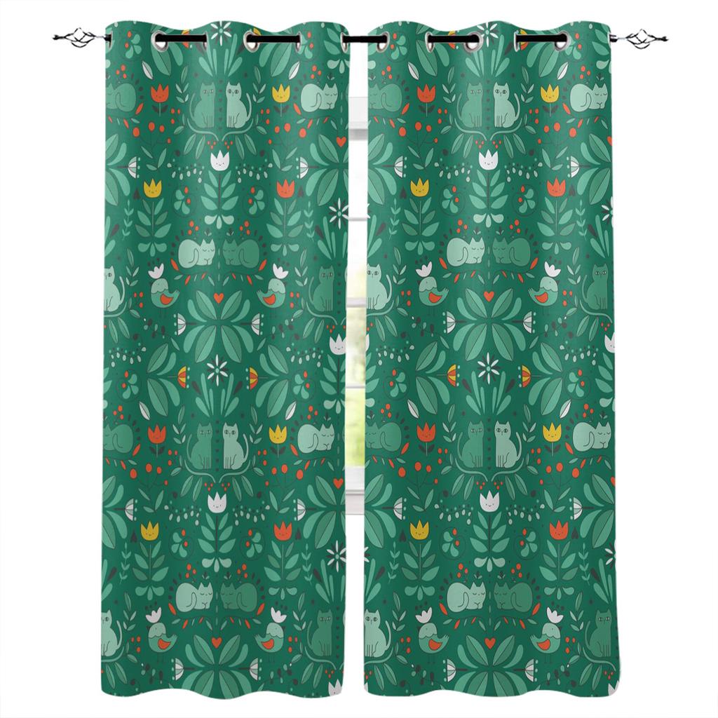 Watercolor Botanical Flowers And Raccoon Home Decor Window Curtains Bedroom Kitchen Curtain Panel Curtains for Living Room