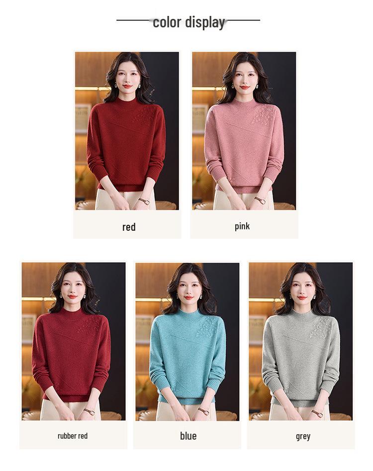 Women's Thickened Wool Sweater for Autumn & Winter - Mid-aged & Elderly Half-high Collar Warm Knit Shirt
