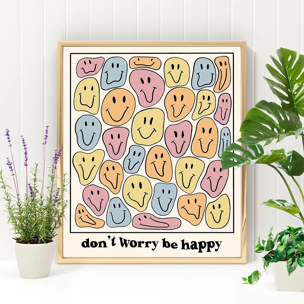 Solid Wood Frame Nordic Modern Don't Worry Be Happy Face Wall Art Posters And Print Dream Smile Canvas Painting Aesthetic Living Room Home Decor