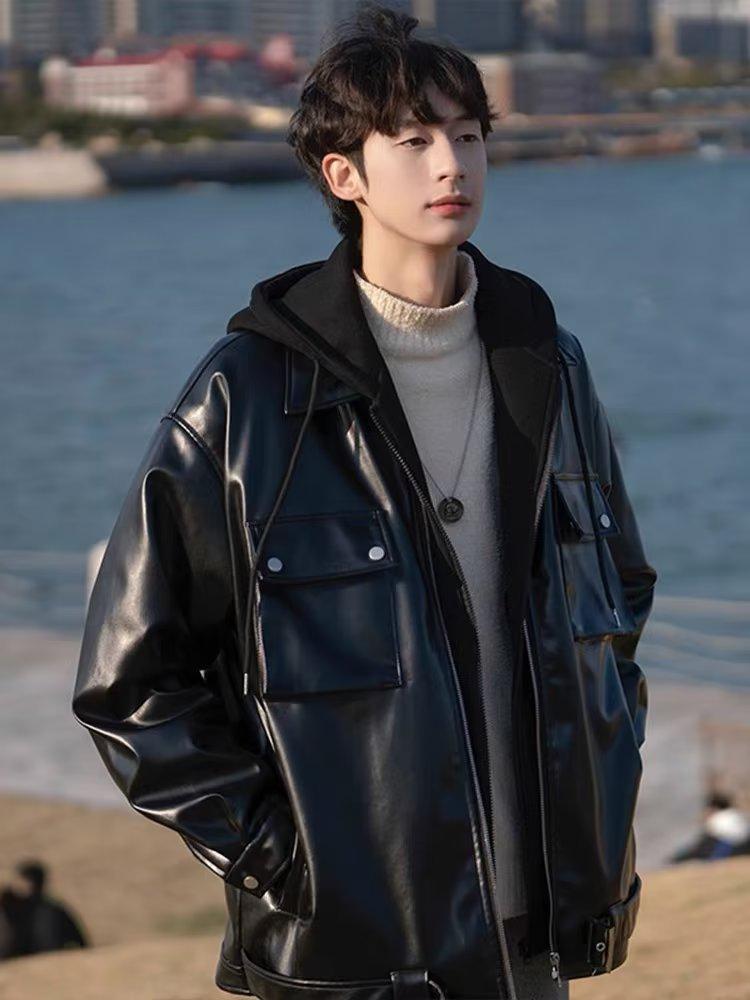 Men's PU Leather Hoodie Jacket - Retro American Style for Autumn/Winter