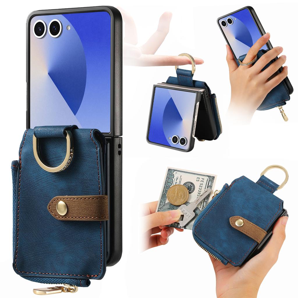 Fashion Zipper Ring Holder Cards Solt Wallet Leather Case for Samsung Galaxy Z Flip 8 7 6 5 4 3 Shockproof Portable Slim Cover