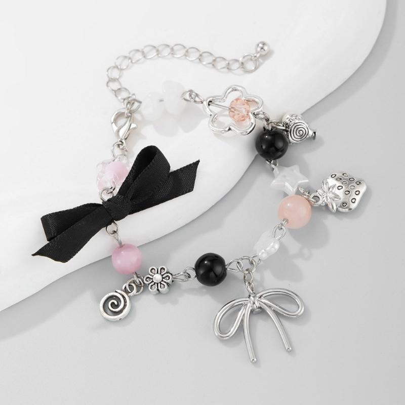 Faux Pearls Beaded Bracelet with Bowknot Pendant Butterfly Knot Charm Wristchain Adjustable Length Handchain Ornament