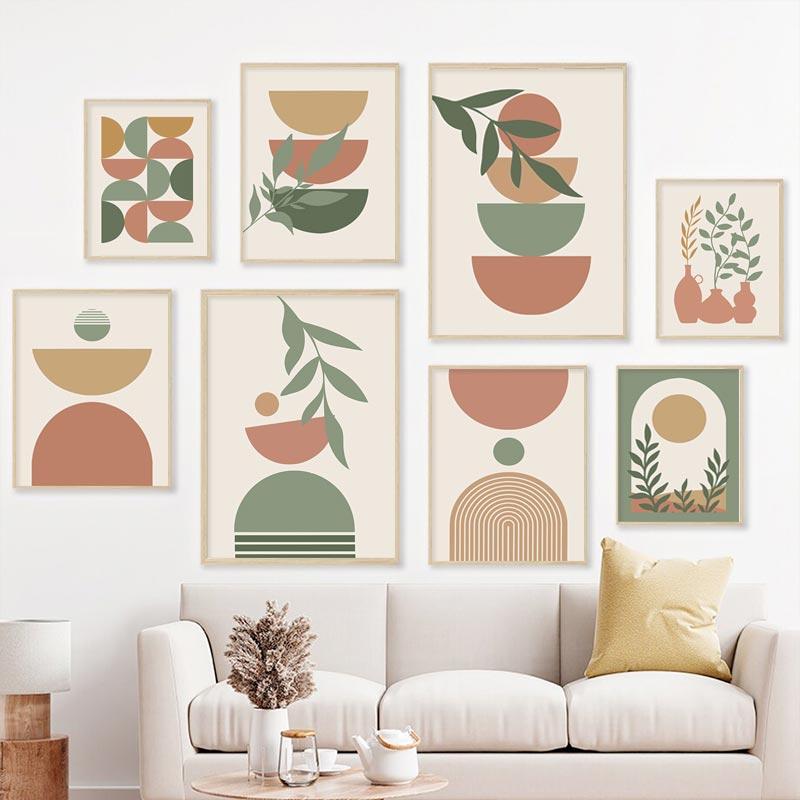 Abstract Boho Landscape Posters Sun Leaves Canvas Painting Geometric Lines Plant Wall Art Pictures For Living Room Home Decor